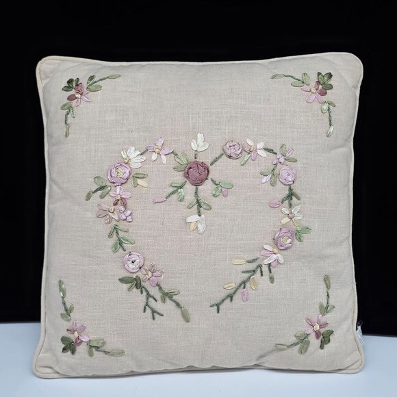 Handmade Linen Small Throw Pillow Silk Floral Embroidery 11" Square - Picture 1 of 9